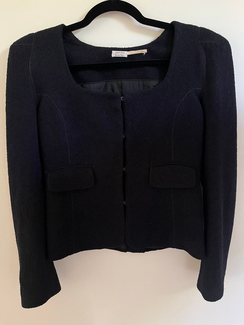 Leon Max Limited Edition Navy Wool Blend Square Neck Cropped Jacket Blazer Sz 4